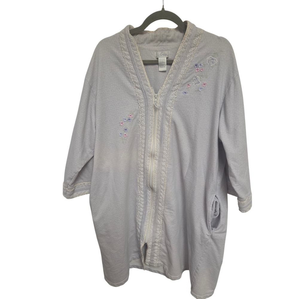 Aria Women's XL 100% Cotton Zip Front Housecoat Robe Floral Embroidered Lace‎